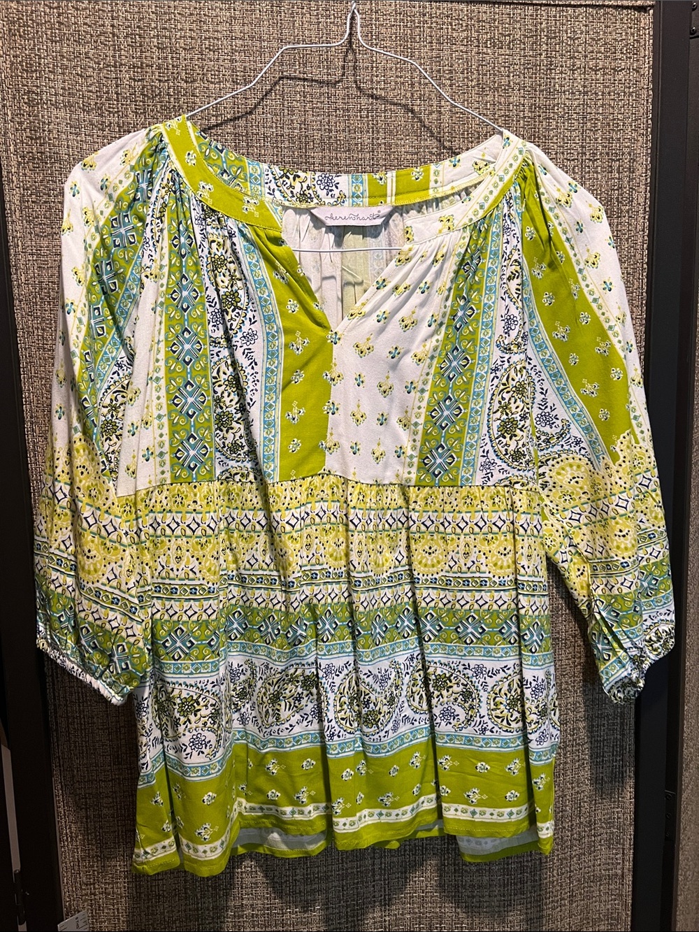 Keren Hart Boho Peasant Blouse in Lime Green and White